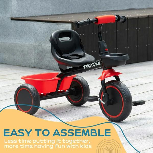 Red kids tricycle with black seat, front tray basket, and three red-rim wheels