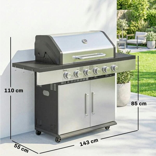 Bobobiy 6 Burner Liquid Propane Gas BBQ Grill, Outdoor Portable Gas Barbecue Grill with Warming Rack, Side Tables, Cabinet