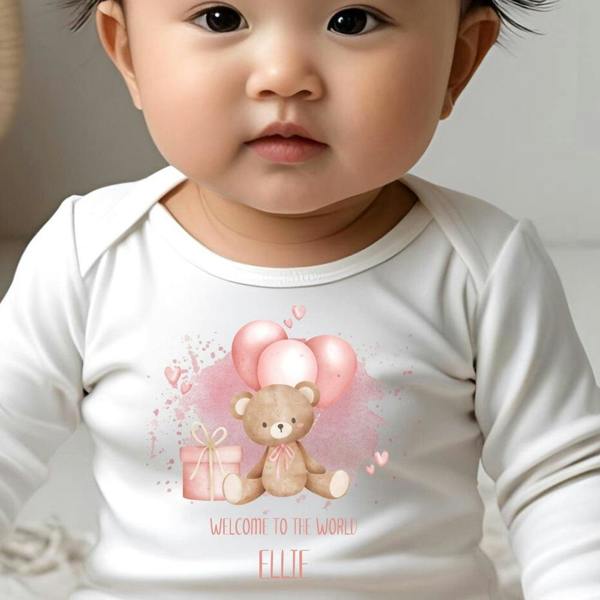 Personalised Welcome to the World Pink Balloons Teddy Baby Grow, Vest or Bib with Name