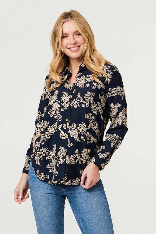 Navy | Floral Embroidered Long Sleeve Blouse
