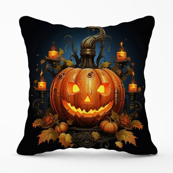 Warren Reed Spooy Pumpkin With Leaves And Small Candles Cushions