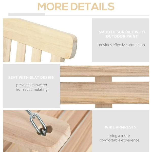 Natural wooden swing bench details: smooth curved armrests and slatted seat panel