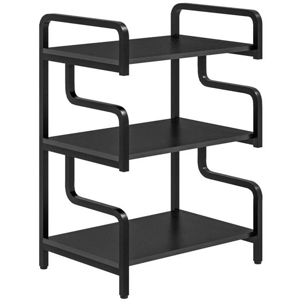 3-tier black printer stand with open shelves and curved side handles