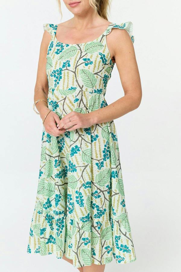 Green | Leaf Print Frilled Strap Midi Dress