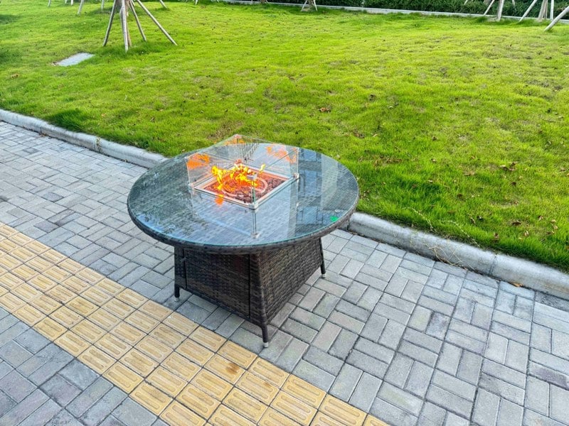 Fimous 5-Piece PE Rattan Garden Furniture with Big Round Gas Fire Pit Table and 6 Chairs for Patio Dark Grey Mixed