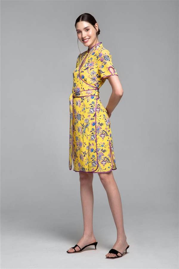 Rumour London Akiko kimono-style silk wrap dress with oriental print in yellow