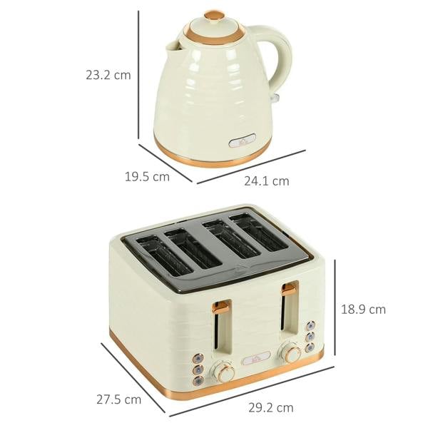 Beige electric kettle and 4-slice toaster with measurement diagram