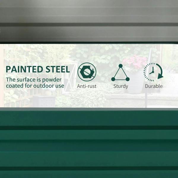 Green painted steel side panel of a raised outdoor planter with smooth finish