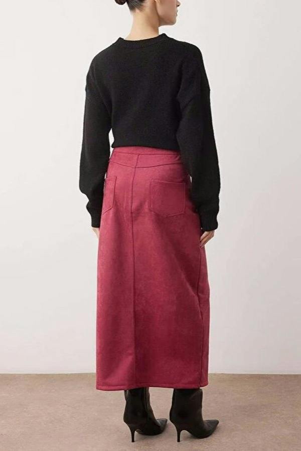 WOVCOR Suede Midi Knit Pencil Skirt with Front Slit