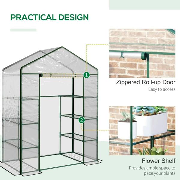 Walk-in greenhouse with zippered roll-up door and 4-tier interior shelving