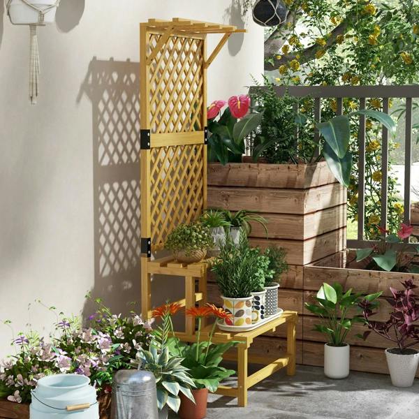 Tall wooden trellis plant stand with 2-tier base shelf and hanging plant potential