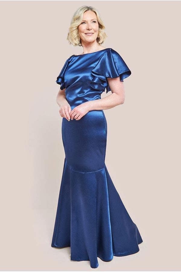 Satin Flutter Sleeve Mermaid Maxi Dress - Navy DR3954M