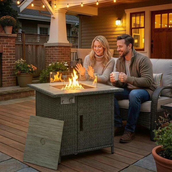 14.5 KW Rattan Gas Fire Pit Dining Table with Rain Cover, Wind Guard, Lid, Lava Rocks, Dark Grey - Dark Grey