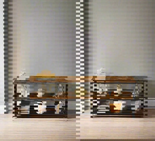 Modcraft Industrial TV Stand, 140 cm Console Table with Shelves, Metal Frame, Rustic Brown Wood Finish