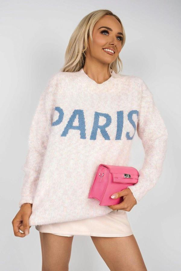 Jalina Long Sleeve Oversized Knitted Jumper With Paris Slogan - Pink