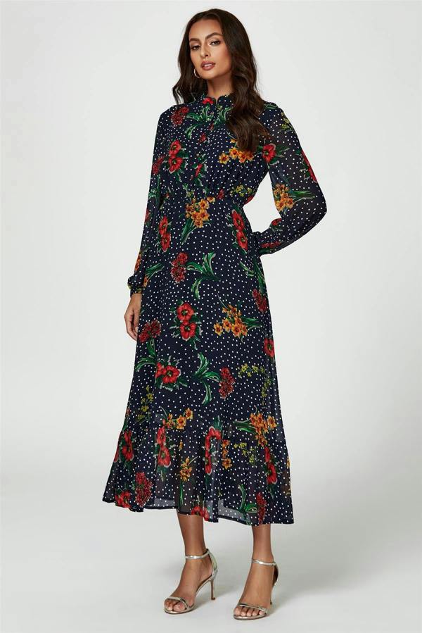 FS Collection Floral Dot Print Maxi Dress In Navy