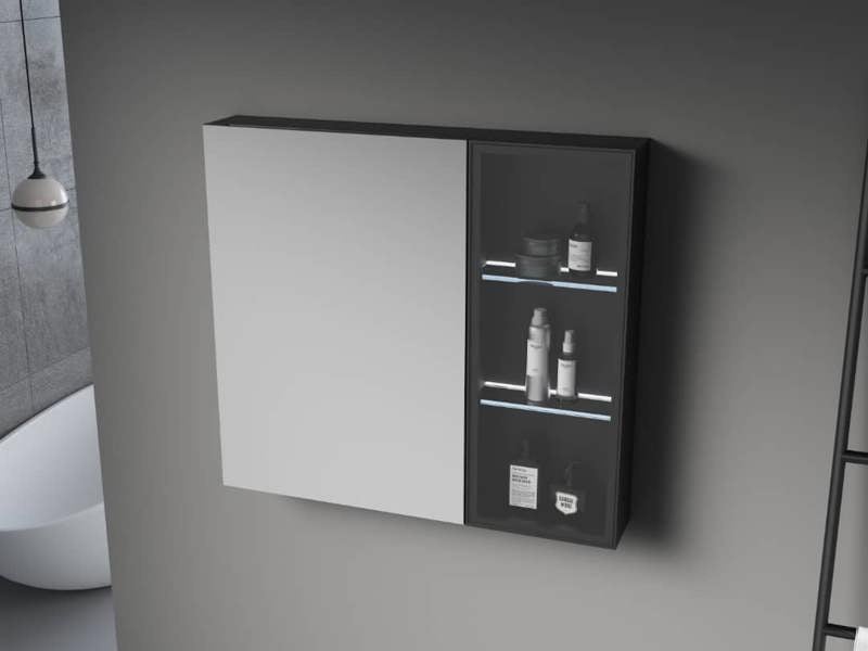 ENER-J Black Aluminum LED Mirror Cabinet - Sleek Rectangular Design, 75x68 cm