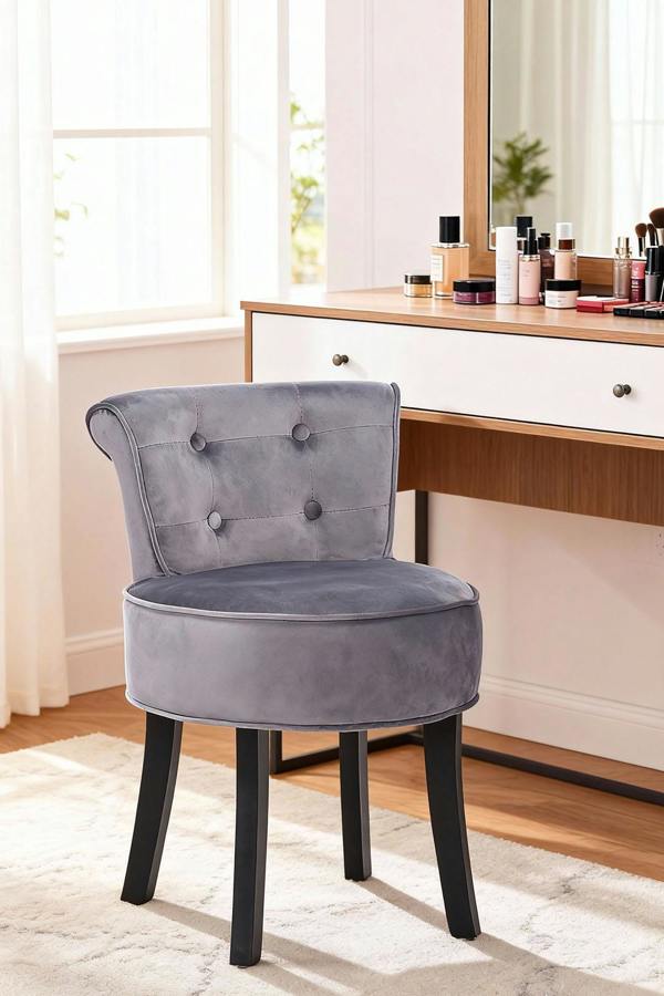 Grey Modern Velvet Upholstered Dressing Footstool with Black Legs