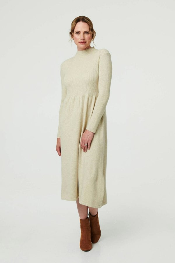 Beige | Textured High Neck Midi Jumper Dress
