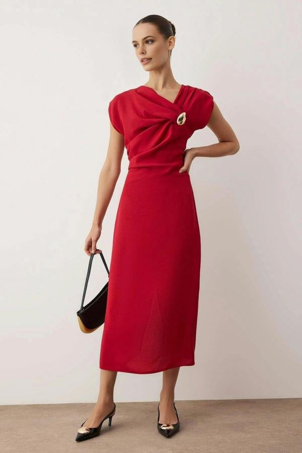 WOVCOR Midi Woven Dress with Accessory Details