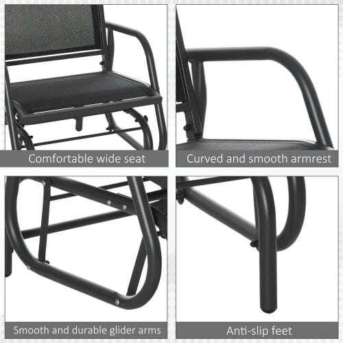 Bobobiy Outdoor Garden Glider Chair, Metal Frame Single Armchair Swing Seater with Breath Mesh Fabric Seat, Curved Backrest, Armrests, Dark Grey