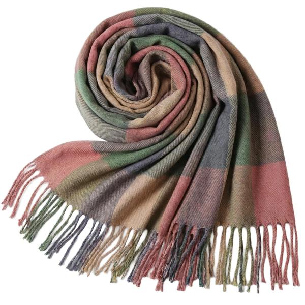 VIA MONTEN Women’s Vintage Plaid Scarf, Oversized Winter Scarf Wrap with Fringe, Soft Long Shawl for Cold Weather Styling