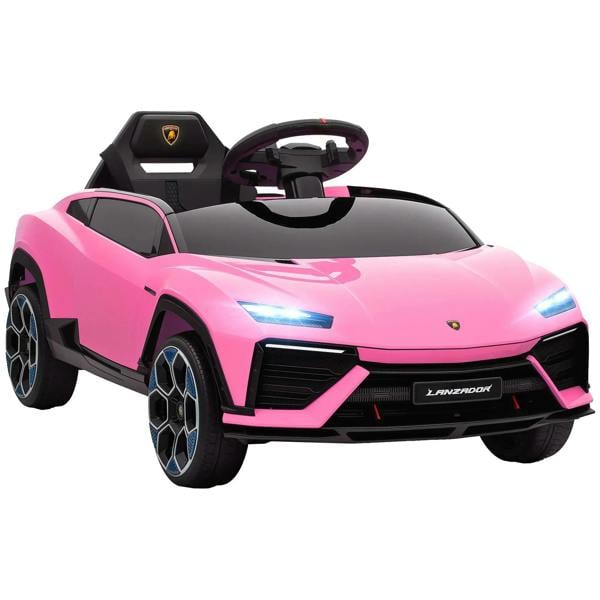 Pink Lamborghini licensed ride-on electric car for kids, black wheels and LED headlights