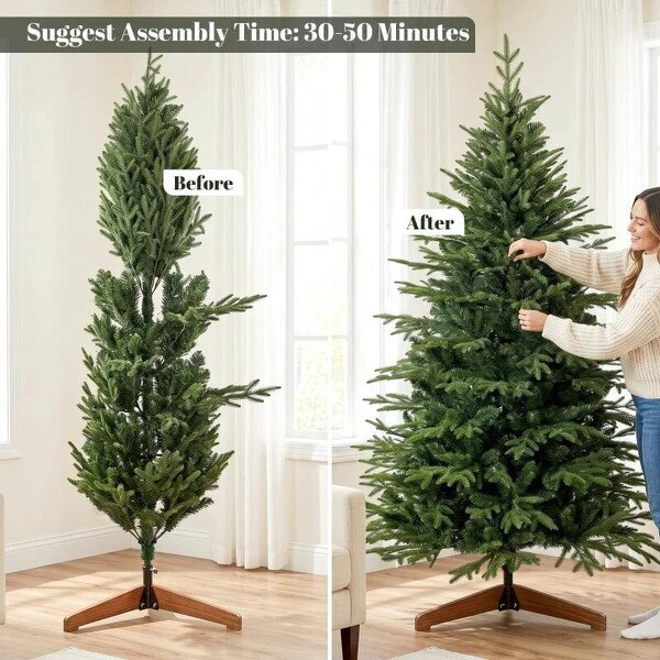 Bobobiy 7ft Artificial Christmas Tree Full Hinged Xmas Tree Solid Pine Wood Stand, Green