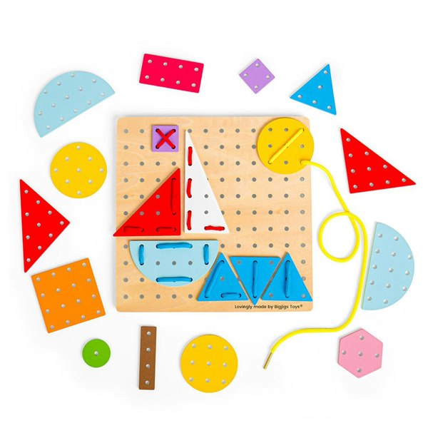 Bigjigs Toys Wooden Geometric Lace-A-Shape Game - Includes 44 Lacing Cards & 6 Laces