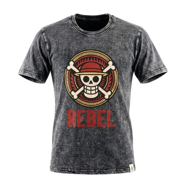 Charcoal stonewashed crewneck T-shirt with Rebel pirate-skull graphic and REBEL lettering