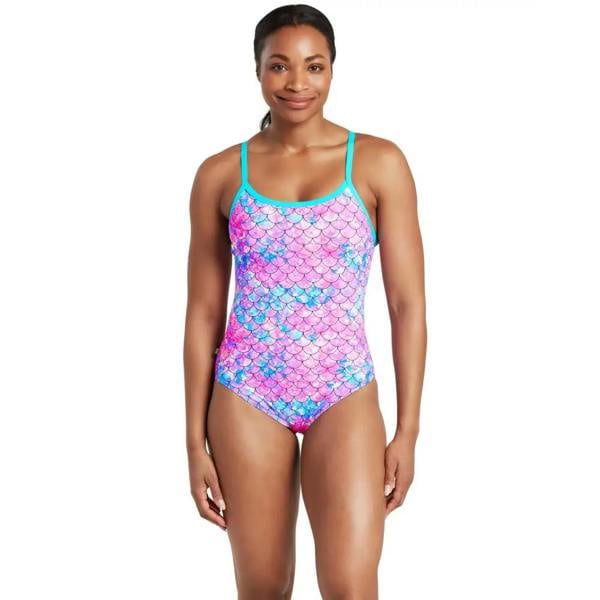 Zoggs Sirene Sparkle Thermal Ecofeel mermaid scale swimsuit in aqua pink