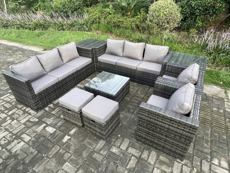 Fimous 10-Seater Dark Grey Rattan Outdoor Lounge Set | Square Coffee Table, 2 Armchairs, 2 Side Tables, 2 Footstools