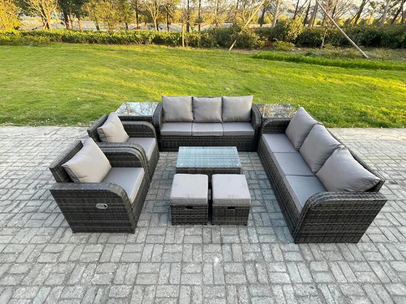 Fimous Rattan Outdoor Set, Sofa, Patio Table, 3 Seater Sofa, Reclining Chair, 2 Small Footstools, 3 Seater Sofa and 2 Side Tables, Dark Grey Mixed