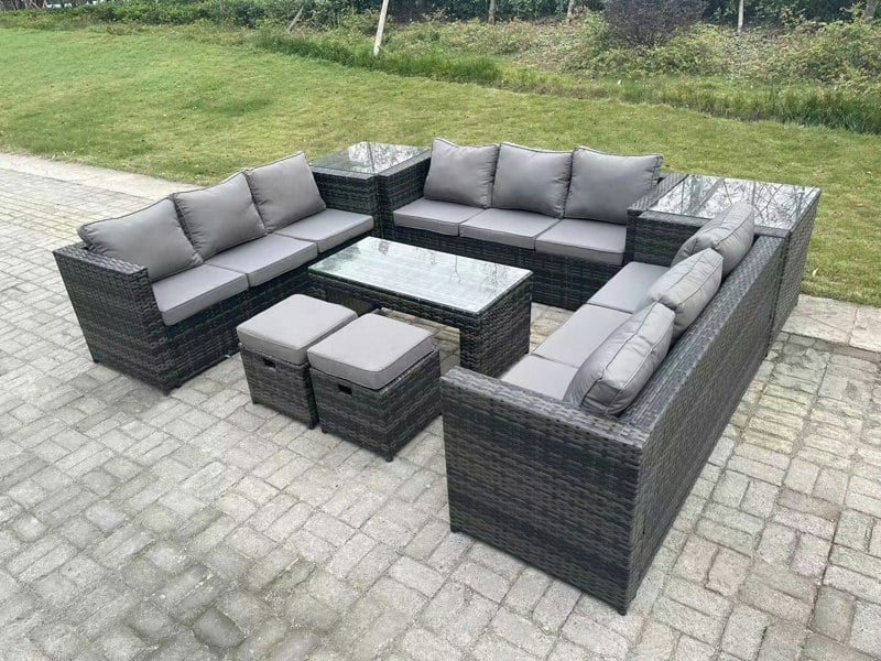 Fimous Outdoor Rattan 11 Seater Lounge Sofa Set with Rectangular Coffee Table & 2 Side Tables, 2 Stools