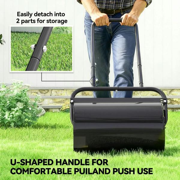 Black steel lawn roller with U-shaped handle and cylinder body for easy storage