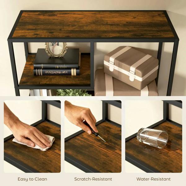 Rustic brown top shelf and black frame of metal storage unit; cleaning and protection