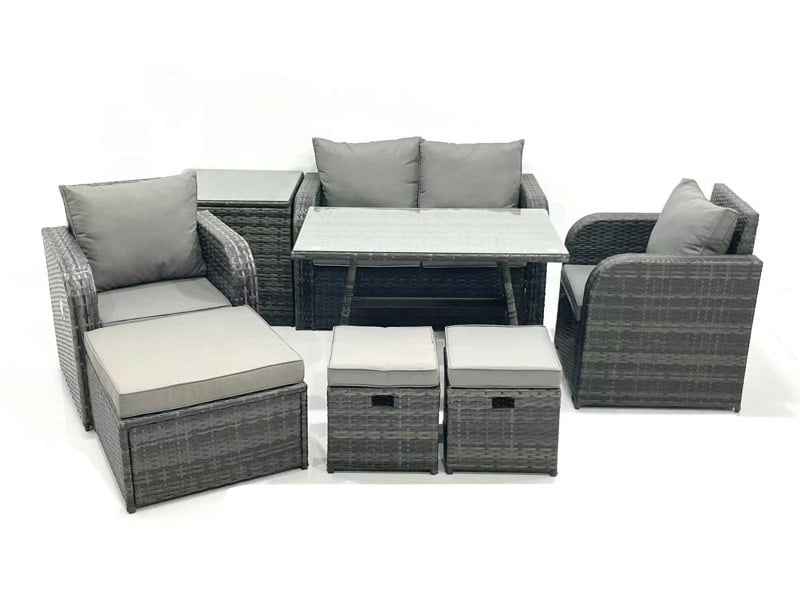 Fimous Outdoor Garden Furniture Set Rattan Sofa Dining Table Set with Reclining Chair 3 Footstool Side Table Dark Grey Mixed