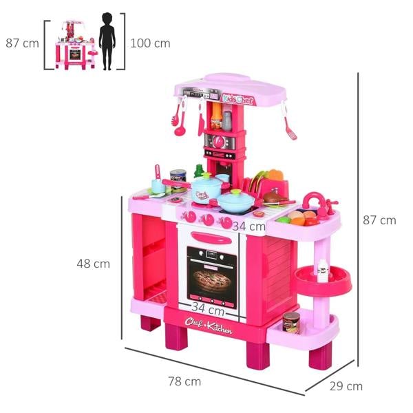 Kids kitchen play set height-and-width view in pink and white, with detailed front layout.