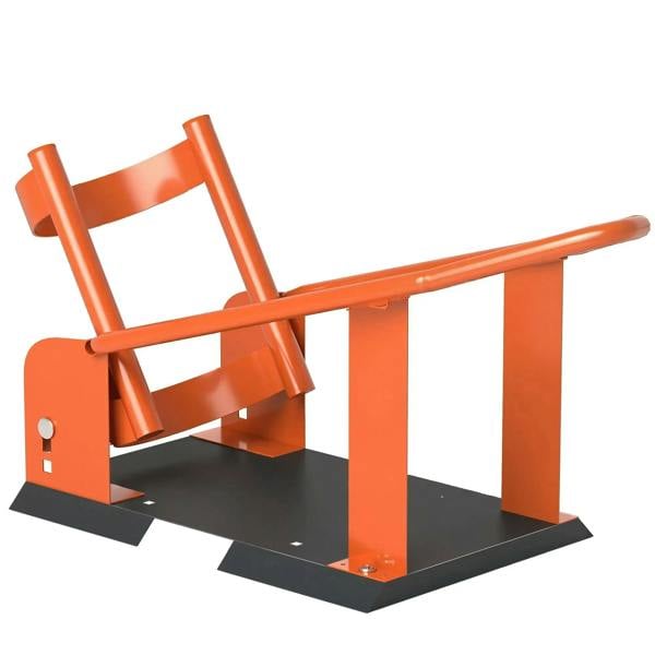 Orange heavy-duty steel motorcycle front wheel chock with height-adjustable holes and base