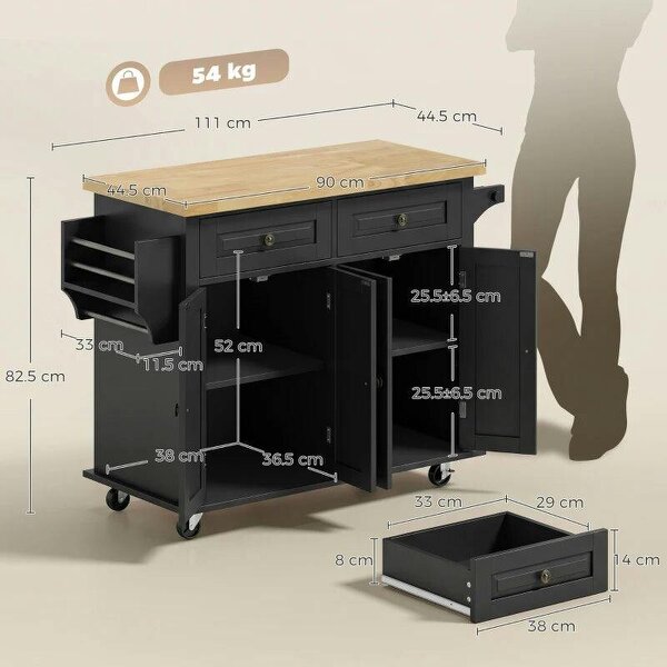 Kitchen Island on Wheels, Rolling Kitchen Trolley with Rubberwood Top, 2 Drawers, Adjustable Shelves, Black
