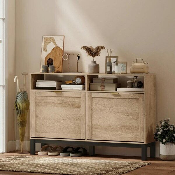 Shoe Cabinet with 2 Flip Drawers, Narrow Shoe Storage Top for Entryway Hallway, Walnut Brown - Walnut brown
