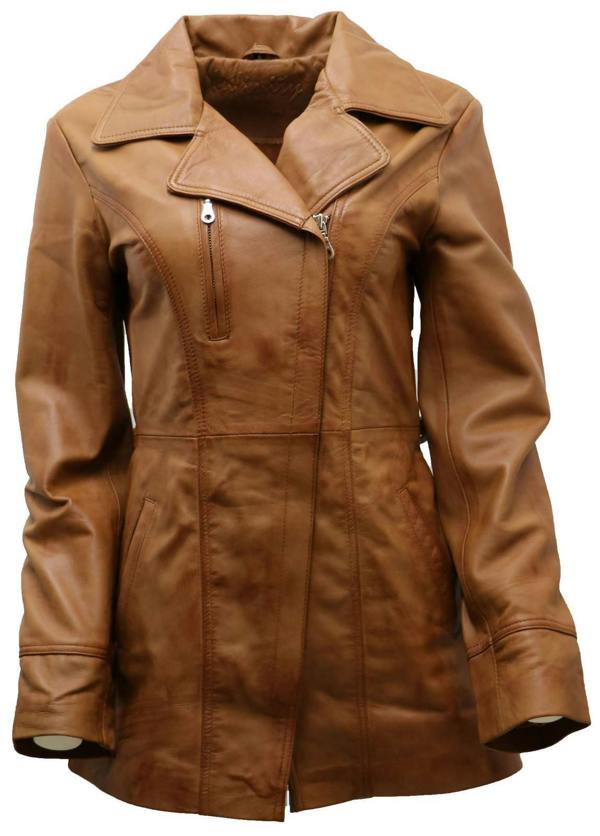Womens Md Length Leather Biker Jacket-Okehampton - Upperclass Fashions 