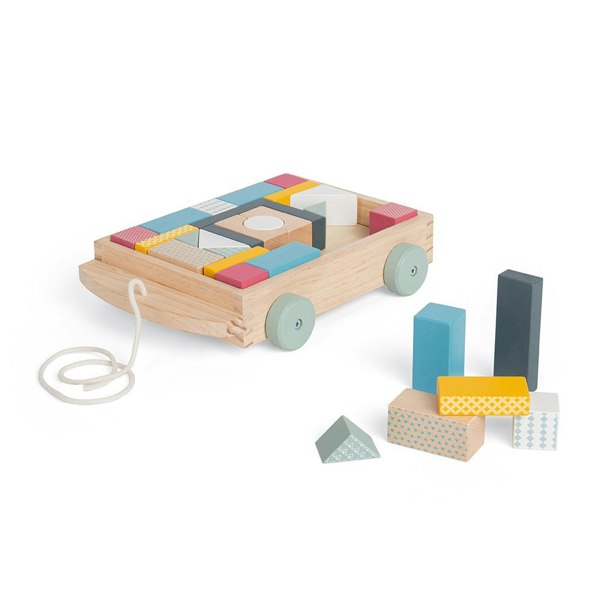 Bigjigs Toys Wooden Pull Along Wagon - Includes 29 Chunky Stacking Shapes