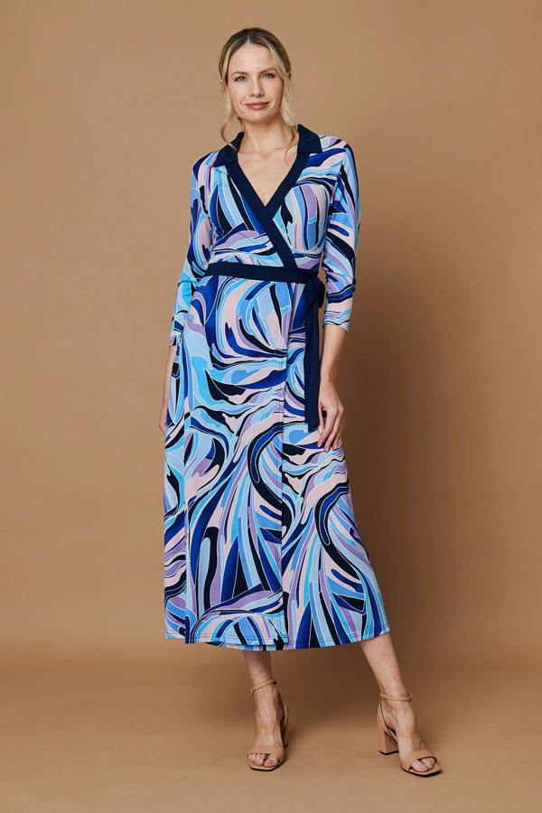 Blue | Abstract Tie Waist Midi Wrap Dress : Model is 5'10"/178 cm and wears UK10/EU38/US6/AUS10