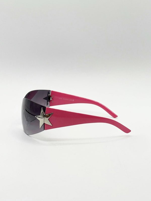 SVNX Wrap Around Racer Sunglasses with Star Hinge Detail in Pink