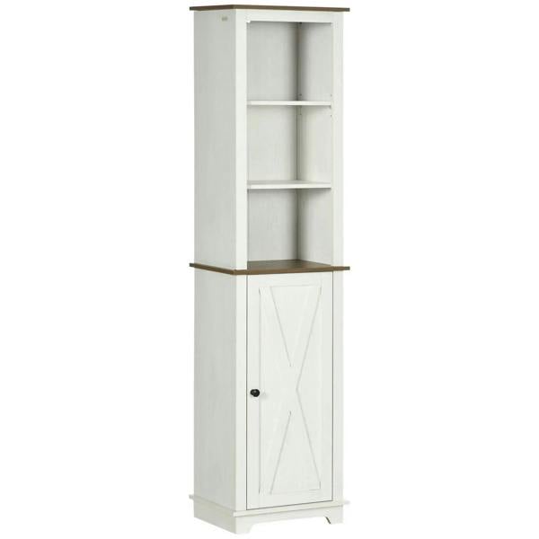 White tall storage cabinet with open shelves and a closed lower door