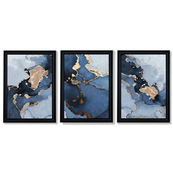 Artze Wall Art Framed Set of 3 Abstract Art Prints of Paintings Navy Blue and Gold
