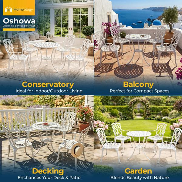 Homeology OSHOWA Luxurious Garden and Patio Table and 4 Large Chairs with Armrests Cast Aluminium Bistro Set - White