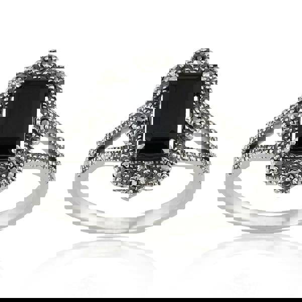 Art Deco Style Black Spinel & Marcasite Drop Earrings & Ring Set in Silver - Gemondo