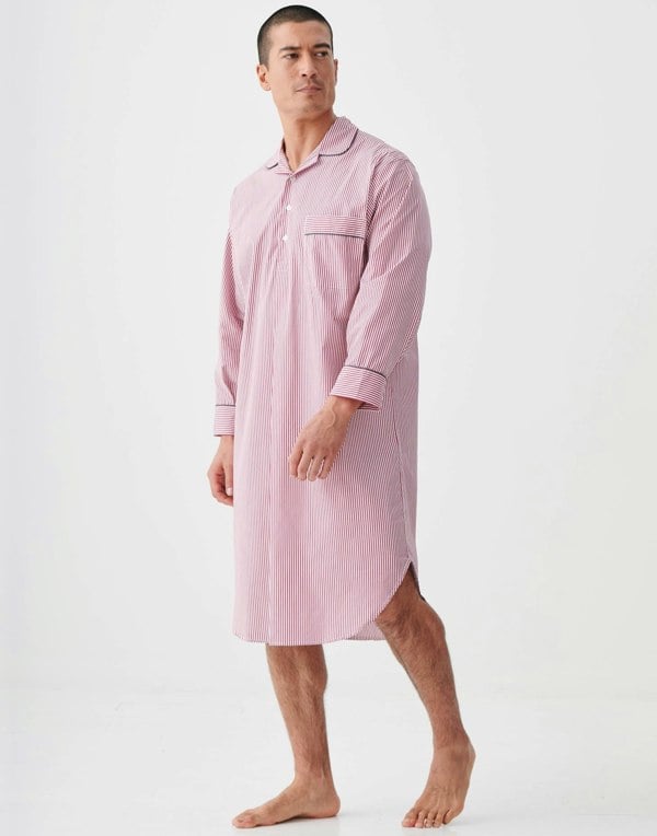 British Boxers Men's Crisp Cotton Nightshirt – St James Red Pinstripe